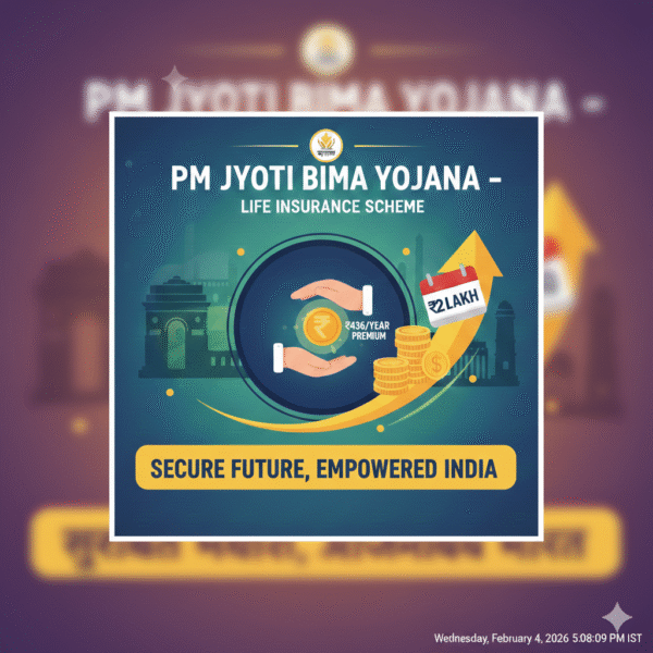 PM Jyoti Bima Yojana showing ₹2 Lakh life insurance cover and ₹436 annual premium with a secure hands icon.