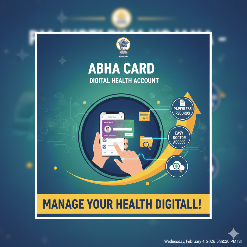 ABHA Card showing health records management on a smartphone with icons for paperless records and easy doctor access.