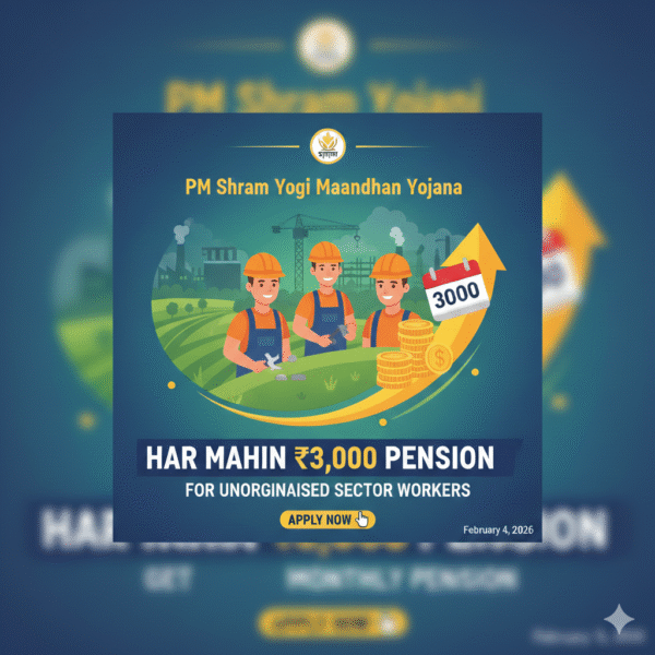 Digital poster of PM Shram Yogi Maandhan Yojana featuring three smiling Indian workers in blue uniforms and orange hard hats, highlighting a ₹3,000 monthly pension for unorganised sector workers with an "Apply Now"