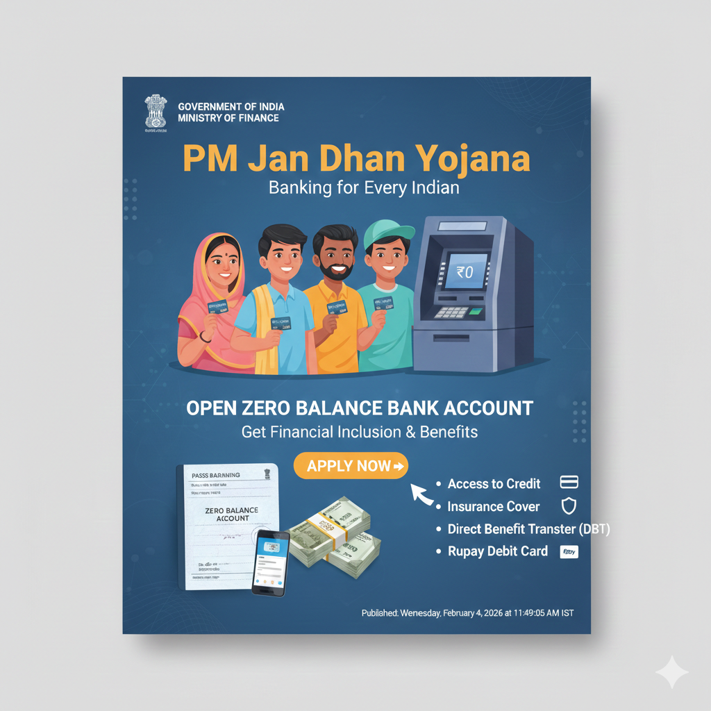 PM Jan Dhan Yojana showing diverse Indian citizens holding Rupay debit cards next to an ATM, featuring text about Zero Balance Bank Accounts, Insurance Cover, and Direct Benefit Transfer (DBT).