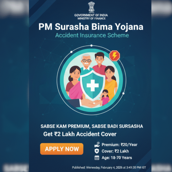 PM Suraksha Bima Yojana (PMSBY) showing a family protected by a medical shield icon, featuring details of the ₹2 Lakh accident insurance cover for a ₹20 yearly premium.